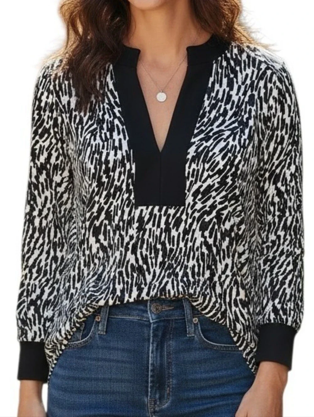 Michael Kors Black & White Abstract Print V-Neck Blouse, Large